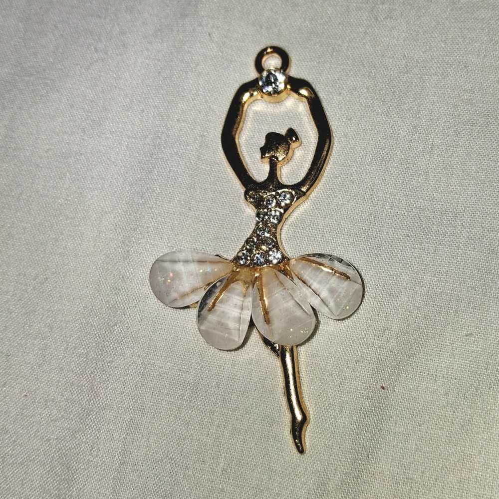 Ballerina Dancer Gold Tone Rhinestone White‎ Petal Tutu Jewelry Charm